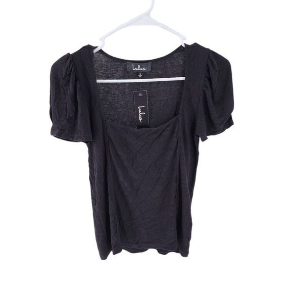 Lulus Women's Ribbed Square Neck Ruched Puff Sleeve Top - S - Picture 1 of 5